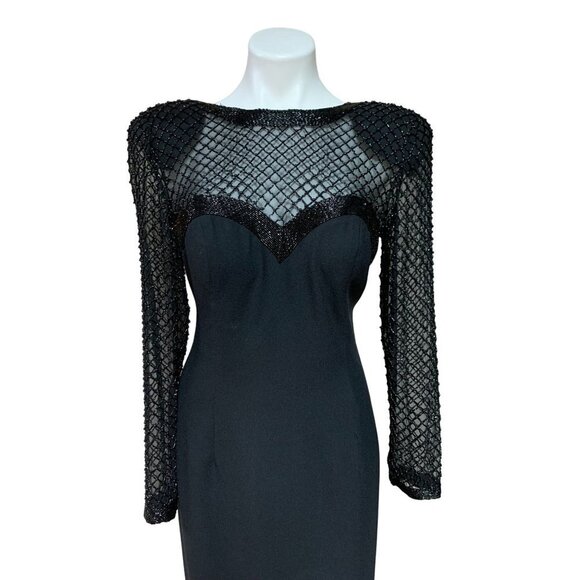 Vintage 80s NWT Evening Gown Maxi Black Beaded Size 6 SMALL - Picture 2 of 9